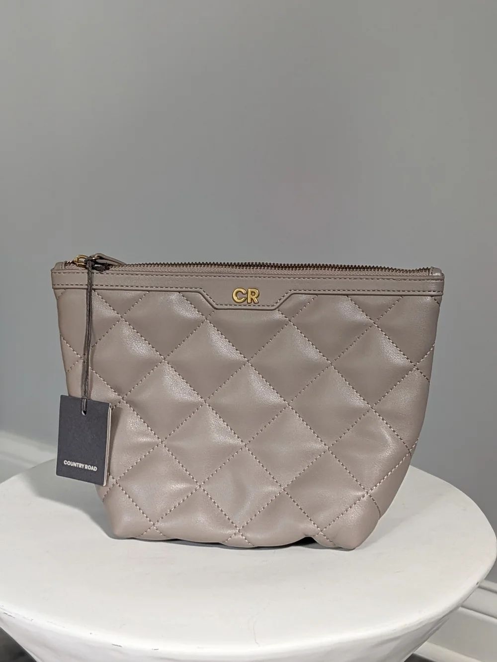 Country Road Quilted Taupe Leather Cosmetic Pouch with Gold Hardware